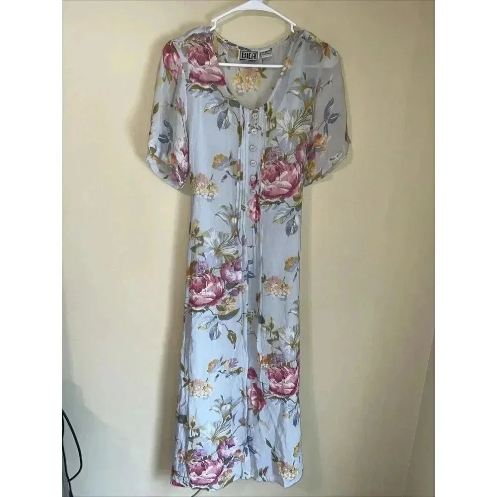 Vintage Bila Sheer Floral Midi Dress Lined Small 90's